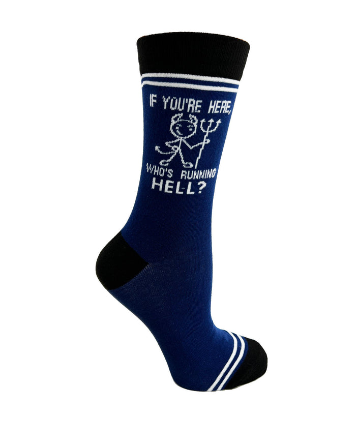(3 Pairs) If You're Here, Who's Running Hell? - Hey Now Unisex Crew Socks - Wholesale