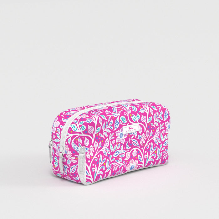 Pink floral toiletry bag on a white background