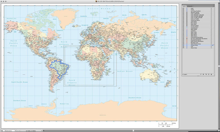 35 x 22 Inch Poster Size Digital World Map - Miller Projection