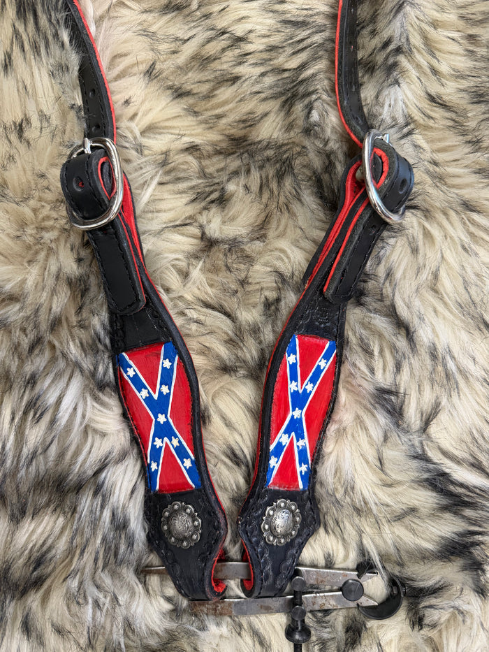 Painted confederate  leather one ear headstall  with conchos  horse size