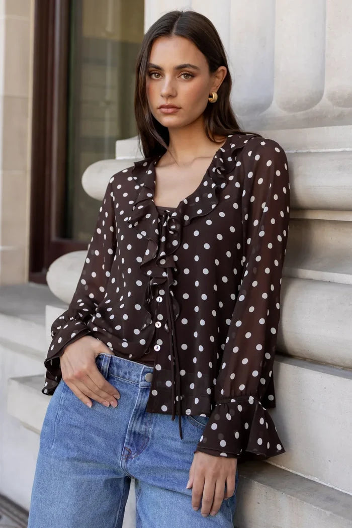 Among The Brave Bohemian Blouse - Chocolate Polkadot Clothing > Tops > Blouses > Long Sleeve Blouses > Among The Brave Hyde Boutique