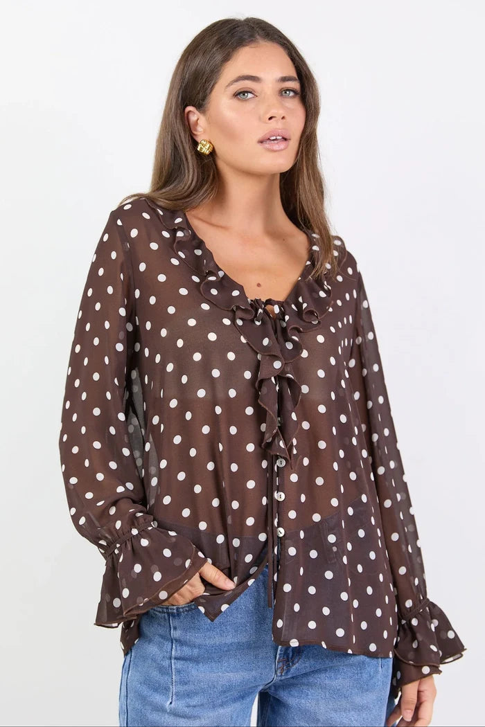 Among The Brave Bohemian Blouse - Chocolate Polkadot Clothing > Tops > Blouses > Long Sleeve Blouses > Among The Brave Hyde Boutique