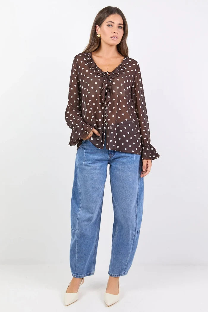 Among The Brave Bohemian Blouse - Chocolate Polkadot Clothing > Tops > Blouses > Long Sleeve Blouses > Among The Brave Hyde Boutique