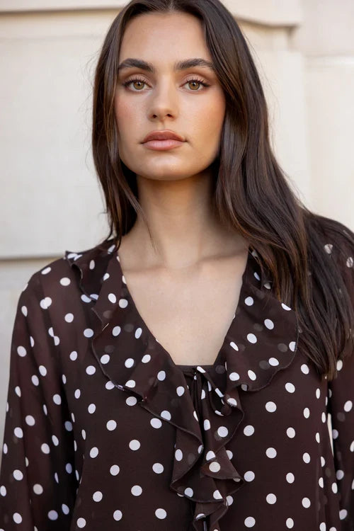 Among The Brave Bohemian Blouse - Chocolate Polkadot Clothing > Tops > Blouses > Long Sleeve Blouses > Among The Brave Hyde Boutique