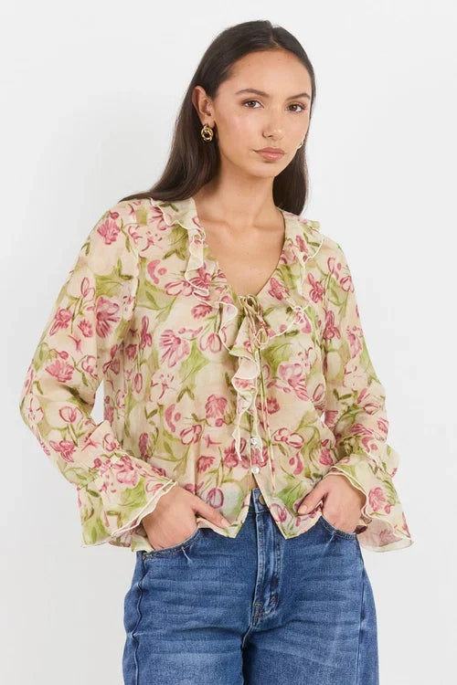 Among The Brave Bohemian Blouse - Cream Blush Floral Clothing > Tops > Blouses > Long Sleeve Blouses > Among The Brave Hyde Boutique
