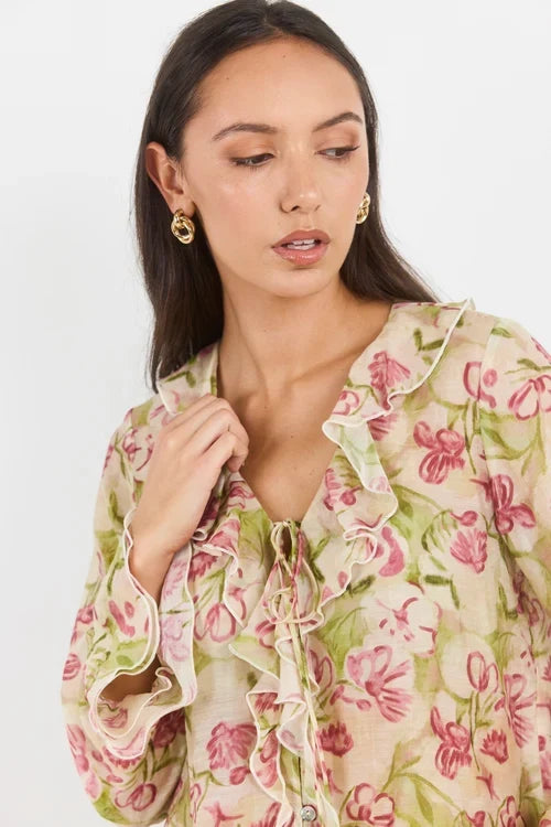 Among The Brave Bohemian Blouse - Cream Blush Floral Clothing > Tops > Blouses > Long Sleeve Blouses > Among The Brave Hyde Boutique