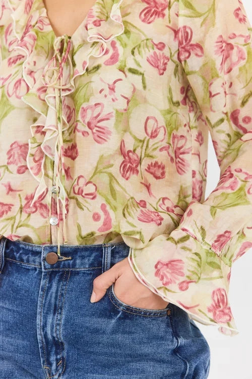 Among The Brave Bohemian Blouse - Cream Blush Floral Clothing > Tops > Blouses > Long Sleeve Blouses > Among The Brave Hyde Boutique