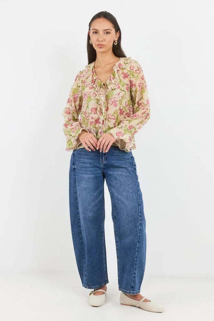 Among The Brave Bohemian Blouse - Cream Blush Floral Clothing > Tops > Blouses > Long Sleeve Blouses > Among The Brave Hyde Boutique