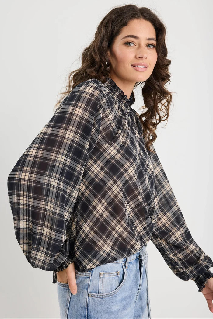 Among The Brave Embrace Check Chiffon Shirred Neck LS Top Apparel > Women > Clothing > Jackets > Faux Leather Jackets > Bubble Hem Jackets > Stories Be Told Hyde Boutique