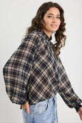 Among The Brave Embrace Check Chiffon Shirred Neck LS Top Apparel > Women > Clothing > Jackets > Faux Leather Jackets > Bubble Hem Jackets > Stories Be Told Hyde Boutique