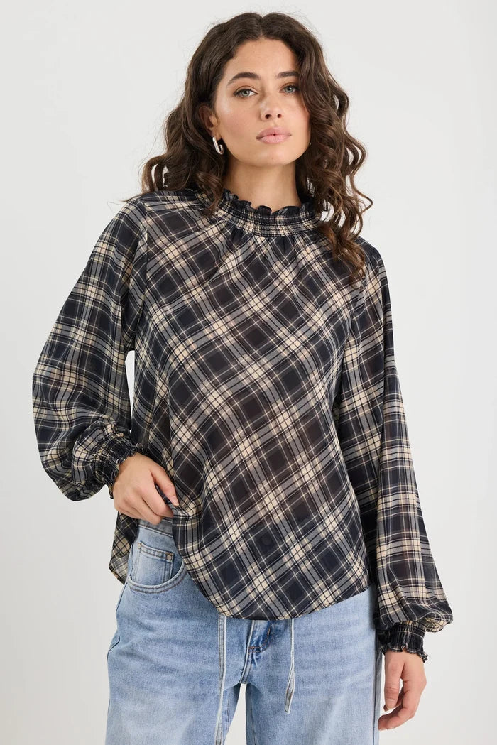 Among The Brave Embrace Check Chiffon Shirred Neck LS Top Apparel > Women > Clothing > Jackets > Faux Leather Jackets > Bubble Hem Jackets > Stories Be Told Hyde Boutique
