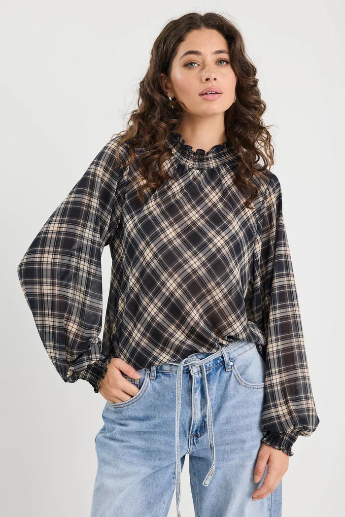 Among The Brave Embrace Check Chiffon Shirred Neck LS Top Apparel > Women > Clothing > Jackets > Faux Leather Jackets > Bubble Hem Jackets > Stories Be Told Hyde Boutique