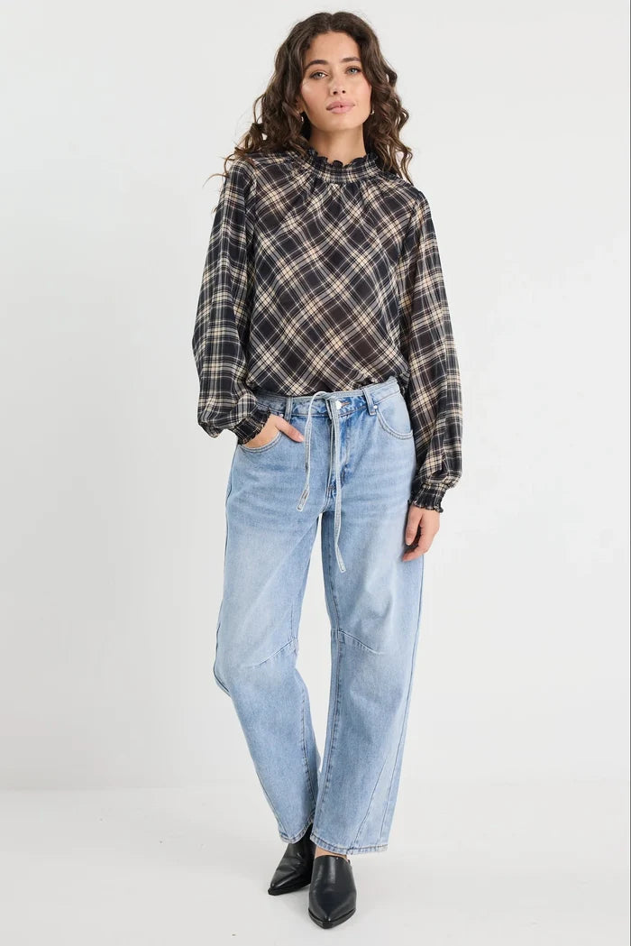 Among The Brave Embrace Check Chiffon Shirred Neck LS Top Apparel > Women > Clothing > Jackets > Faux Leather Jackets > Bubble Hem Jackets > Stories Be Told Hyde Boutique