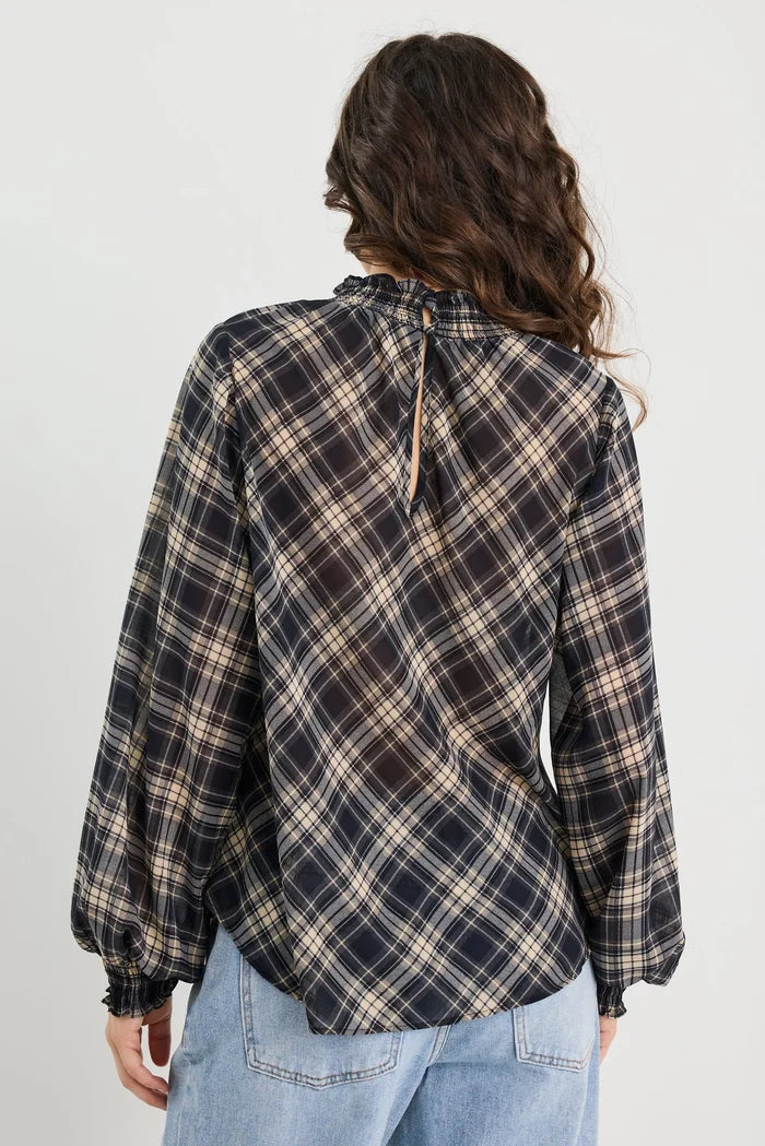 Among The Brave Embrace Check Chiffon Shirred Neck LS Top Apparel > Women > Clothing > Jackets > Faux Leather Jackets > Bubble Hem Jackets > Stories Be Told Hyde Boutique