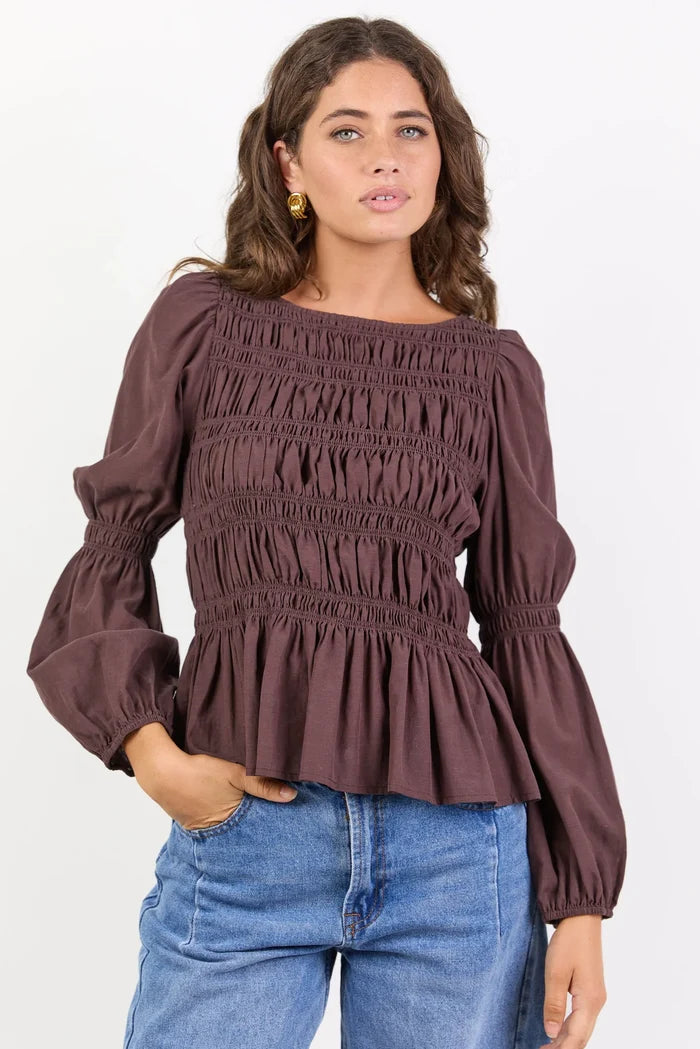 Among The Brave Required - Chocolate LS Shirred Bodice Top Clothing > Tops > Blouses > Long Sleeve Blouses > Shirred Tops > Among The Brave Hyde Boutique