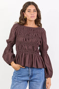 Among The Brave Required - Chocolate LS Shirred Bodice Top Clothing > Tops > Blouses > Long Sleeve Blouses > Shirred Tops > Among The Brave Hyde Boutique