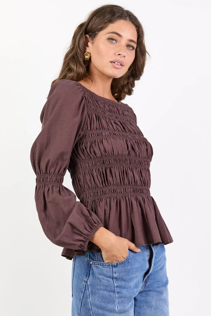 Among The Brave Required - Chocolate LS Shirred Bodice Top Clothing > Tops > Blouses > Long Sleeve Blouses > Shirred Tops > Among The Brave Hyde Boutique