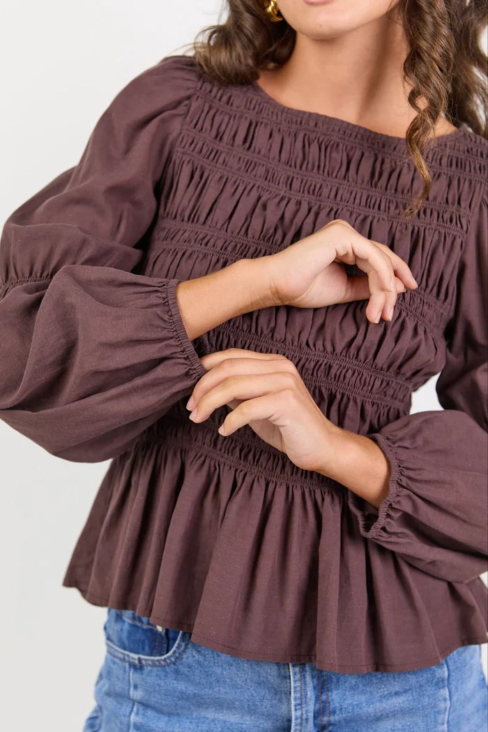 Among The Brave Required - Chocolate LS Shirred Bodice Top Clothing > Tops > Blouses > Long Sleeve Blouses > Shirred Tops > Among The Brave Hyde Boutique