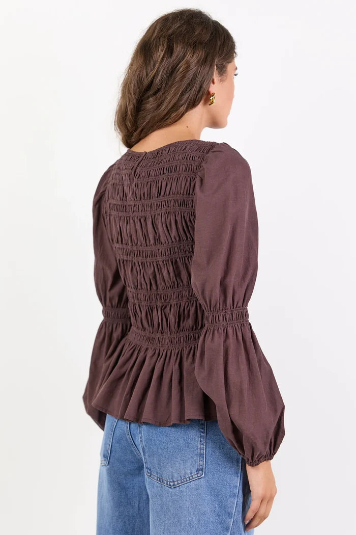Among The Brave Required - Chocolate LS Shirred Bodice Top Clothing > Tops > Blouses > Long Sleeve Blouses > Shirred Tops > Among The Brave Hyde Boutique