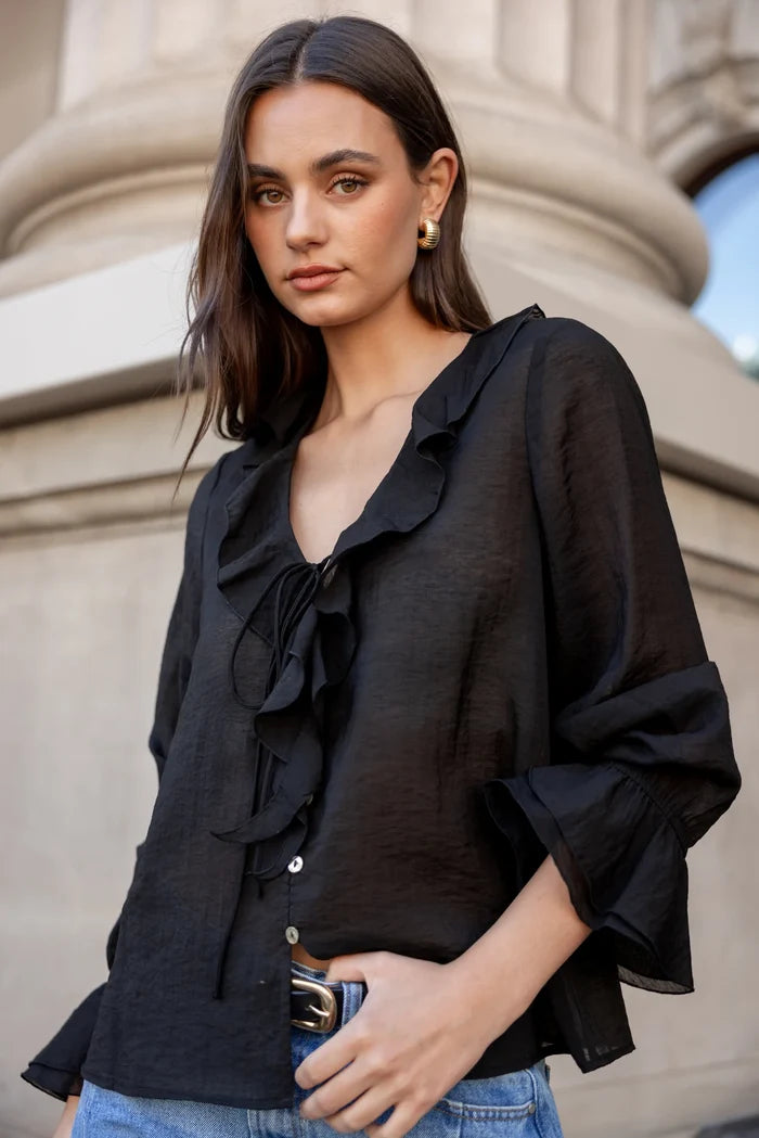 Among The Brave Sheer Frill Front Blouse - Black Women > Clothing > Tops > Blouses > Long Sleeve Blouses > Sheer Blouses > Stories Be Told Hyde Boutique