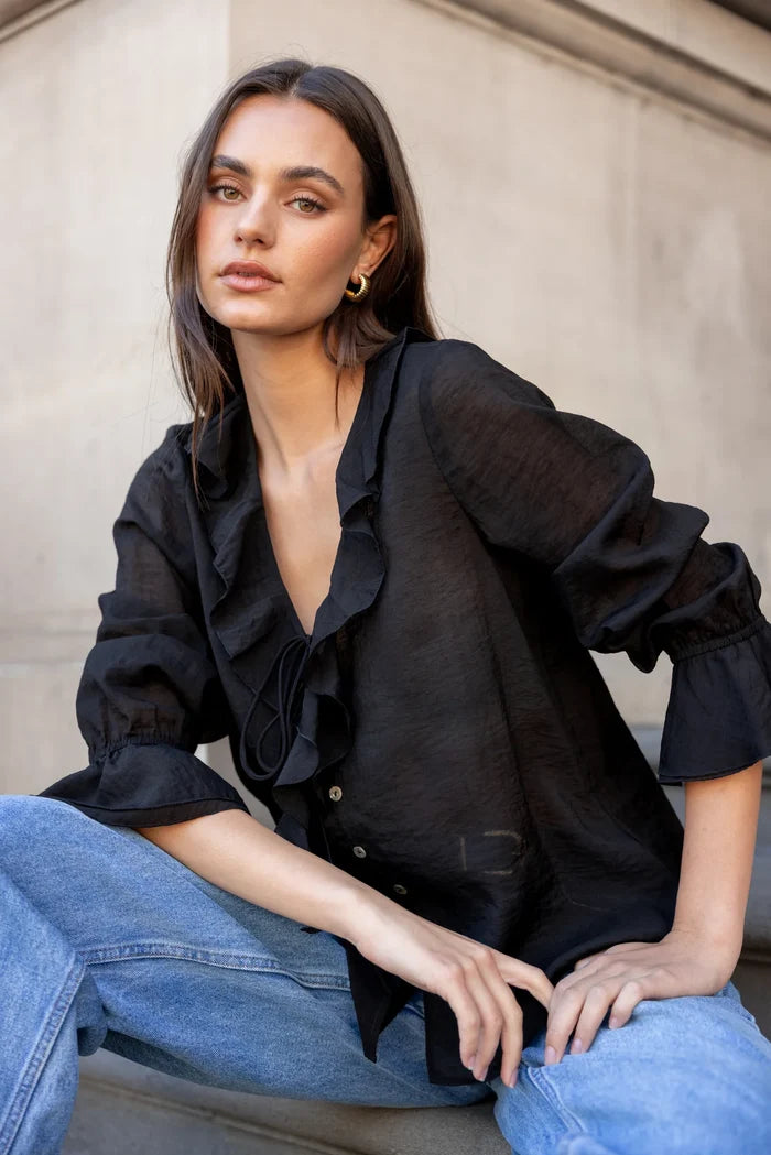Among The Brave Sheer Frill Front Blouse - Black Women > Clothing > Tops > Blouses > Long Sleeve Blouses > Sheer Blouses > Stories Be Told Hyde Boutique