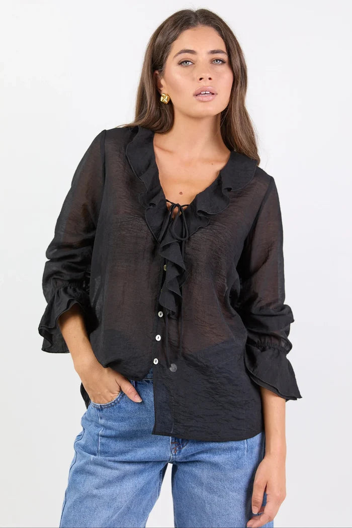 Among The Brave Sheer Frill Front Blouse - Black Women > Clothing > Tops > Blouses > Long Sleeve Blouses > Sheer Blouses > Stories Be Told Hyde Boutique