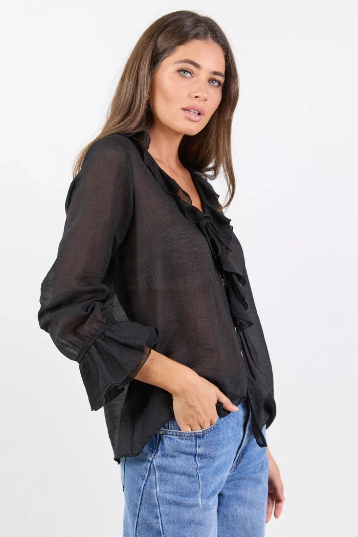 Among The Brave Sheer Frill Front Blouse - Black Women > Clothing > Tops > Blouses > Long Sleeve Blouses > Sheer Blouses > Stories Be Told Hyde Boutique