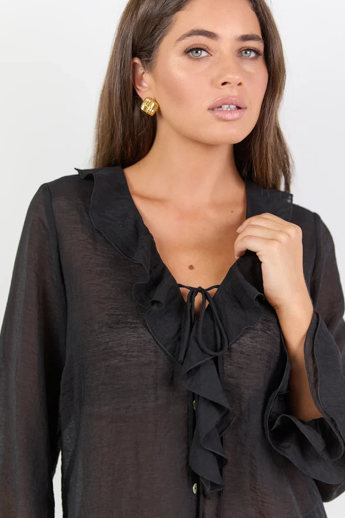 Among The Brave Sheer Frill Front Blouse - Black Women > Clothing > Tops > Blouses > Long Sleeve Blouses > Sheer Blouses > Stories Be Told Hyde Boutique