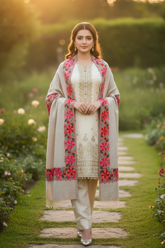 Ari Jaal embroidered stole, silky drape, 28x80 inches