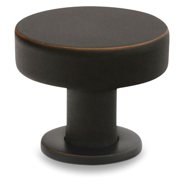 A sleek and contemporary round knob with a flat face.