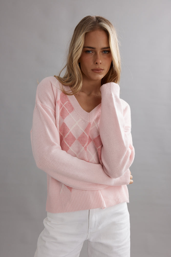 Caitlin Crisp Argyle Jumper - Marshmellow Arriving End September Hyde Boutique