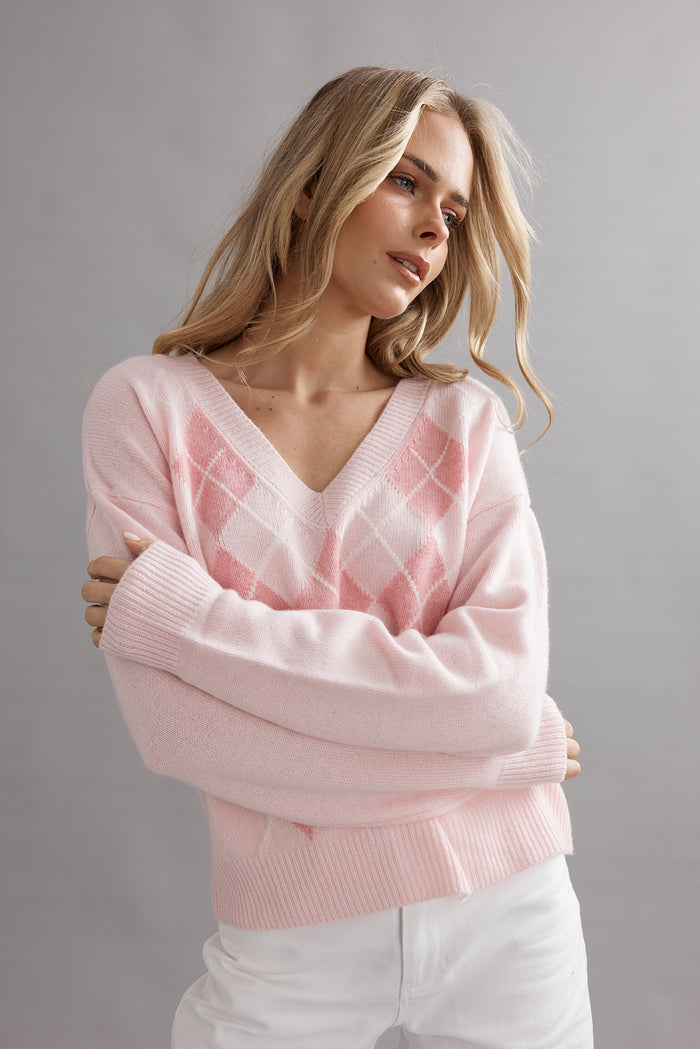 Caitlin Crisp Argyle Jumper - Marshmellow Arriving End September Hyde Boutique
