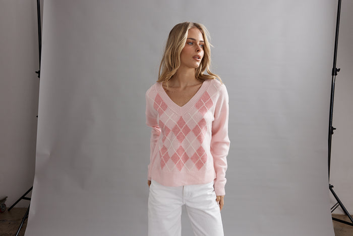Caitlin Crisp Argyle Jumper - Marshmellow Arriving End September Hyde Boutique