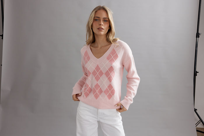 Caitlin Crisp Argyle Jumper - Marshmellow Arriving End September Hyde Boutique