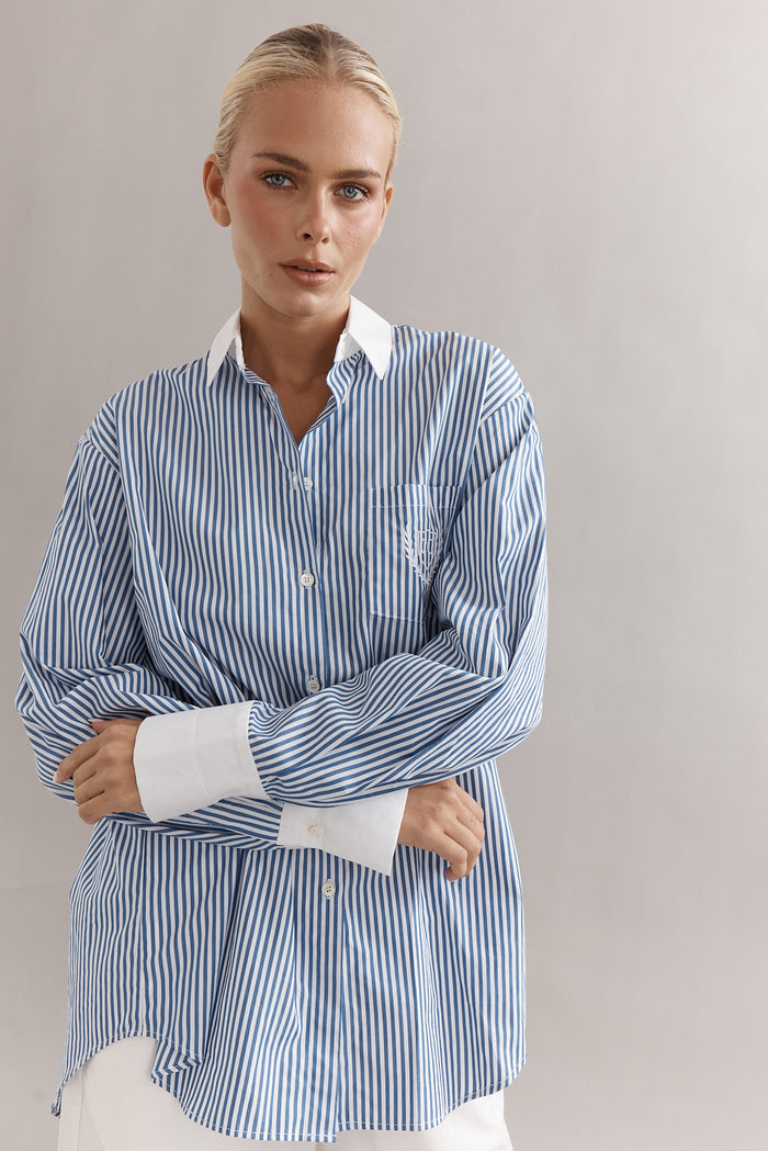 Caitlin Crisp Varsity Shirt - Denim Stripe Hyde Boutique