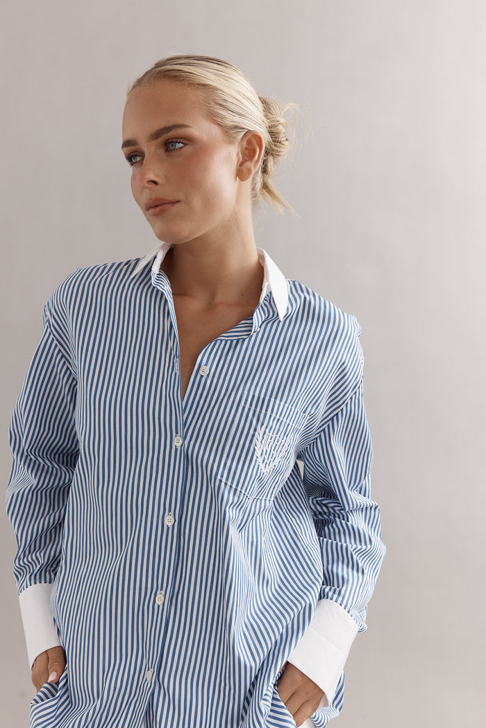 Caitlin Crisp Varsity Shirt - Denim Stripe Hyde Boutique