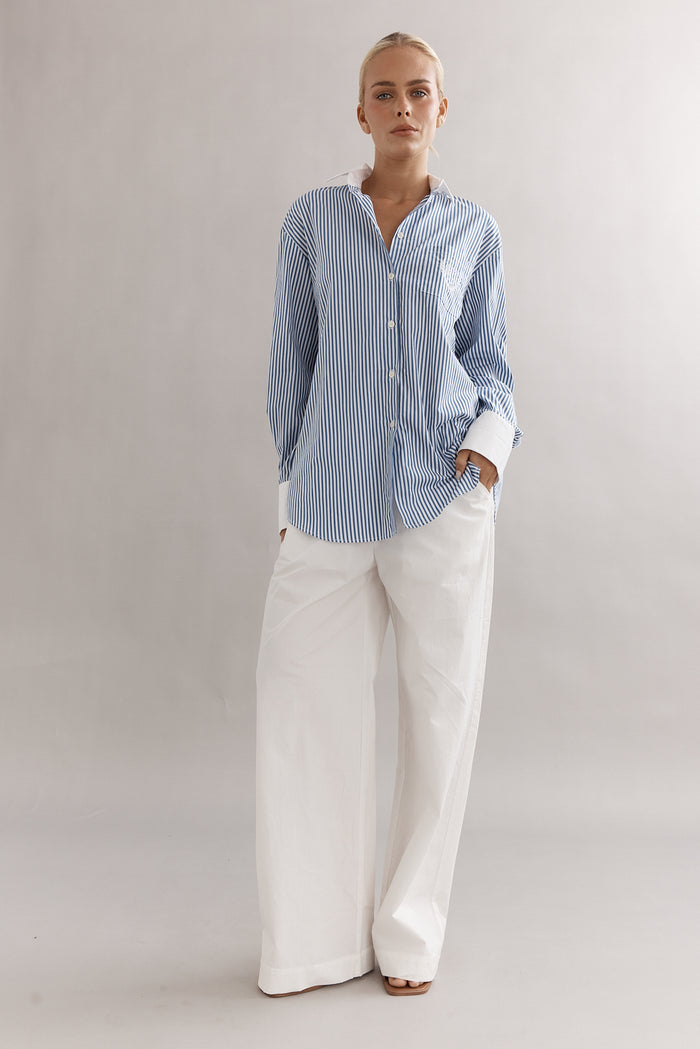 Caitlin Crisp Varsity Shirt - Denim Stripe Hyde Boutique