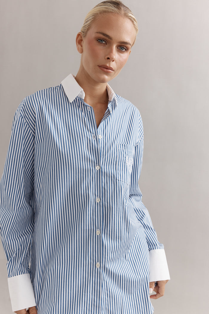 Caitlin Crisp Varsity Shirt - Denim Stripe Hyde Boutique