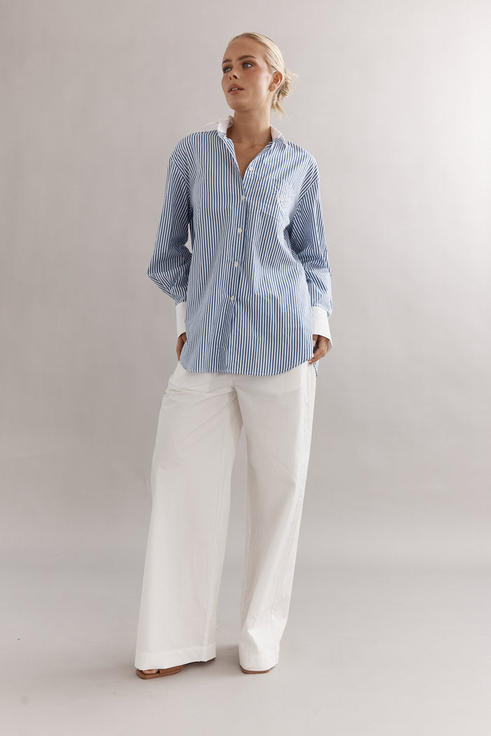 Caitlin Crisp Varsity Shirt - Denim Stripe Hyde Boutique