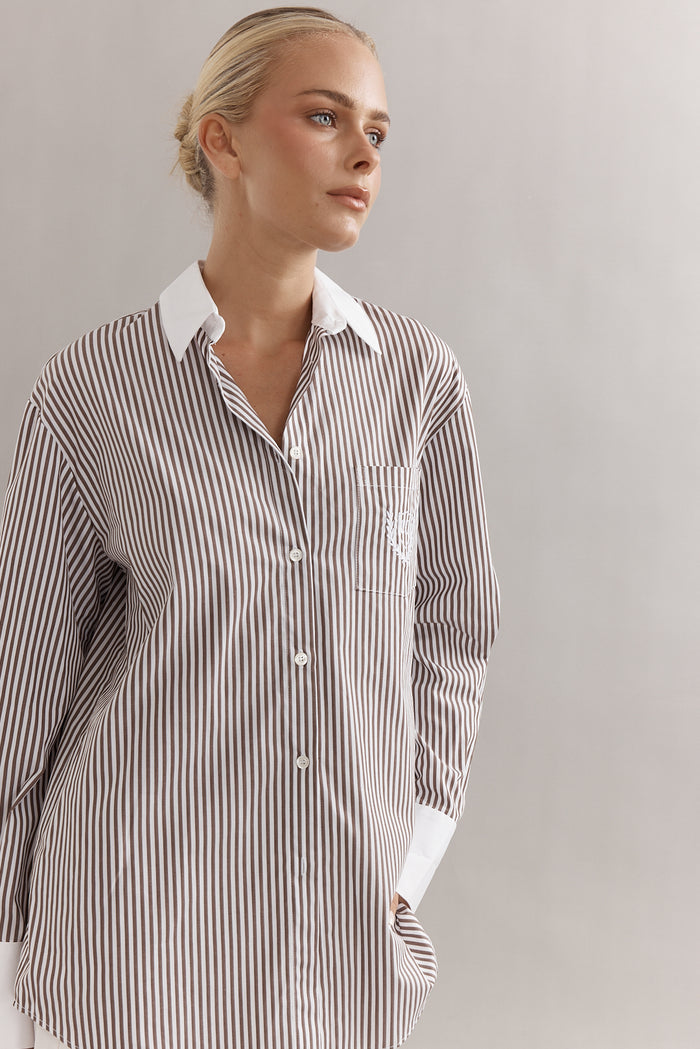 Caitlin Crisp Varsity Shirt - Mocha Stripe Hyde Boutique