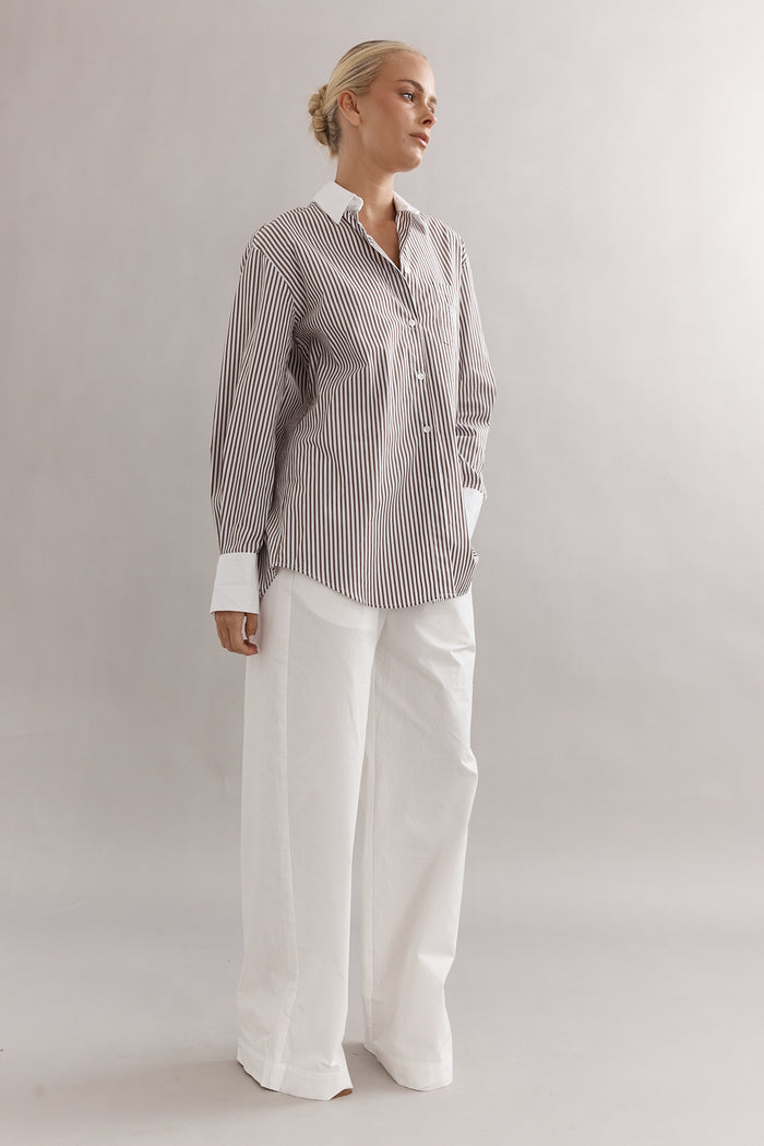 Caitlin Crisp Varsity Shirt - Mocha Stripe Hyde Boutique