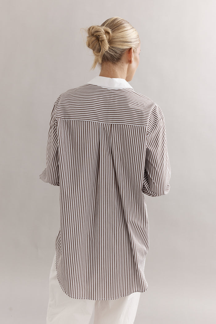Caitlin Crisp Varsity Shirt - Mocha Stripe Hyde Boutique