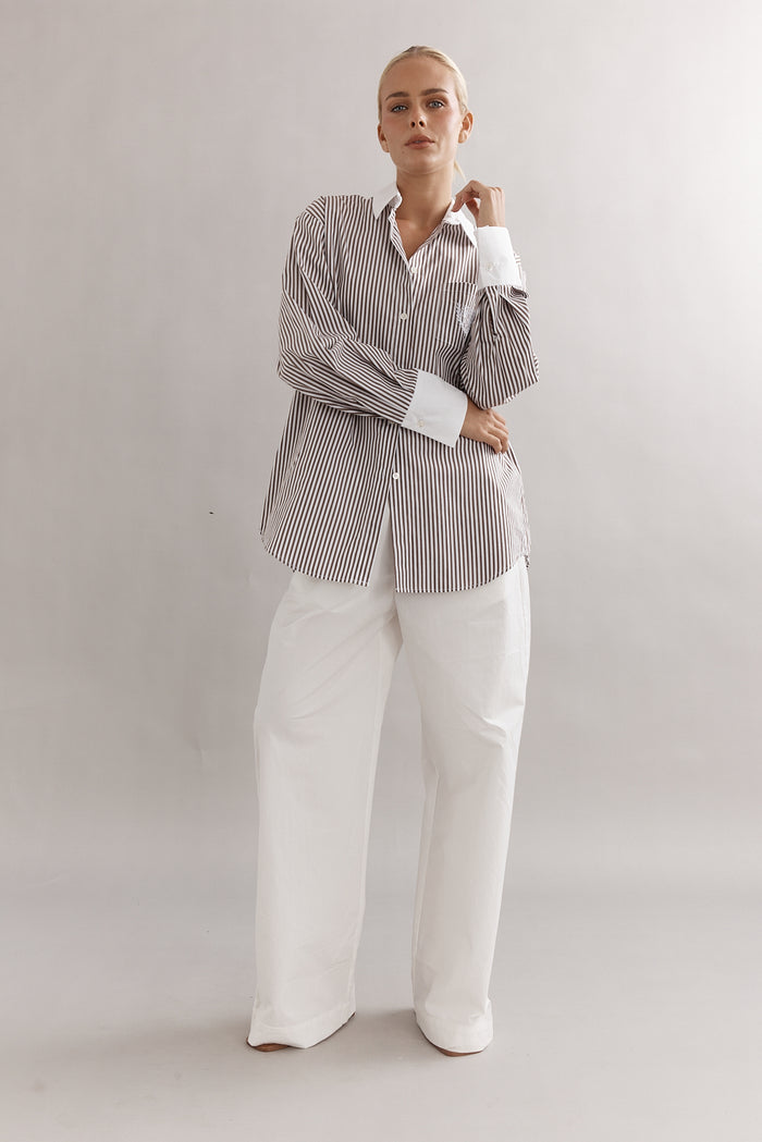 Caitlin Crisp Varsity Shirt - Mocha Stripe Hyde Boutique