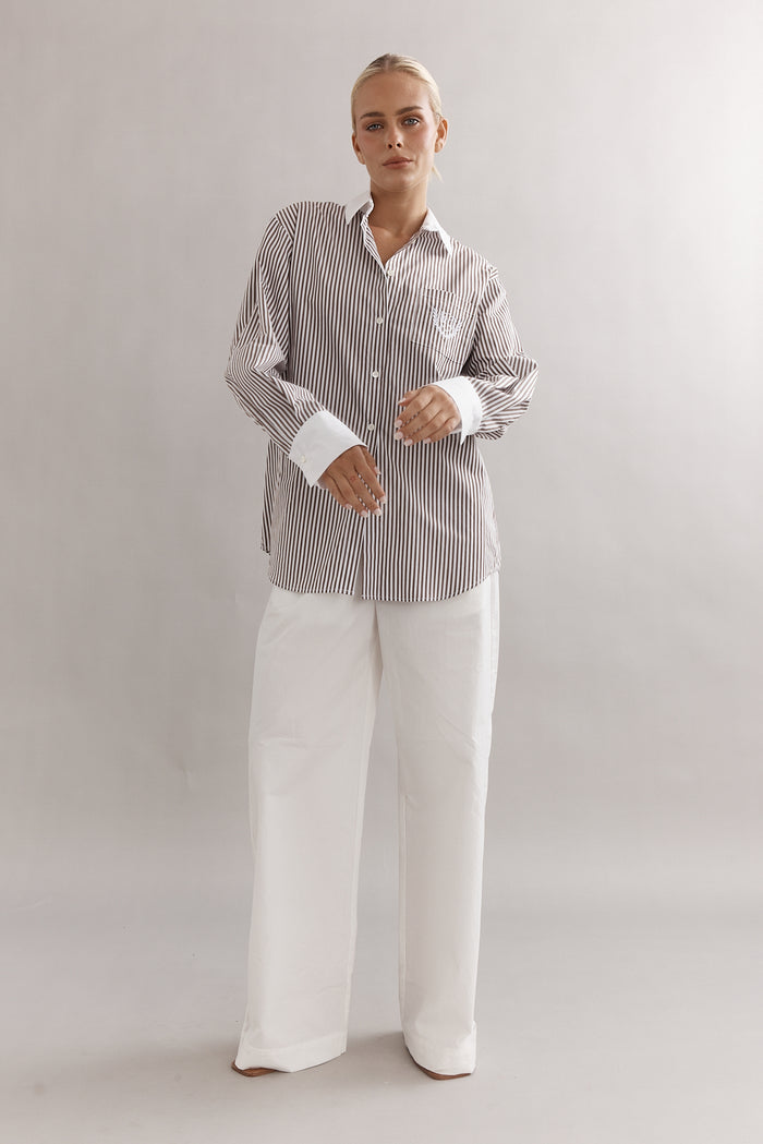 Caitlin Crisp Varsity Shirt - Mocha Stripe Hyde Boutique