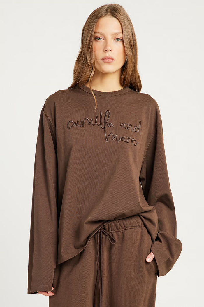Camilla and Marc Maren Emb Long Sleeve Tee - Chocolate Clothing > Tops > T-Shirts > Long Sleeve T-Shirts > Embroidered T-Shirts > Camilla and Marc Hyde Boutique
