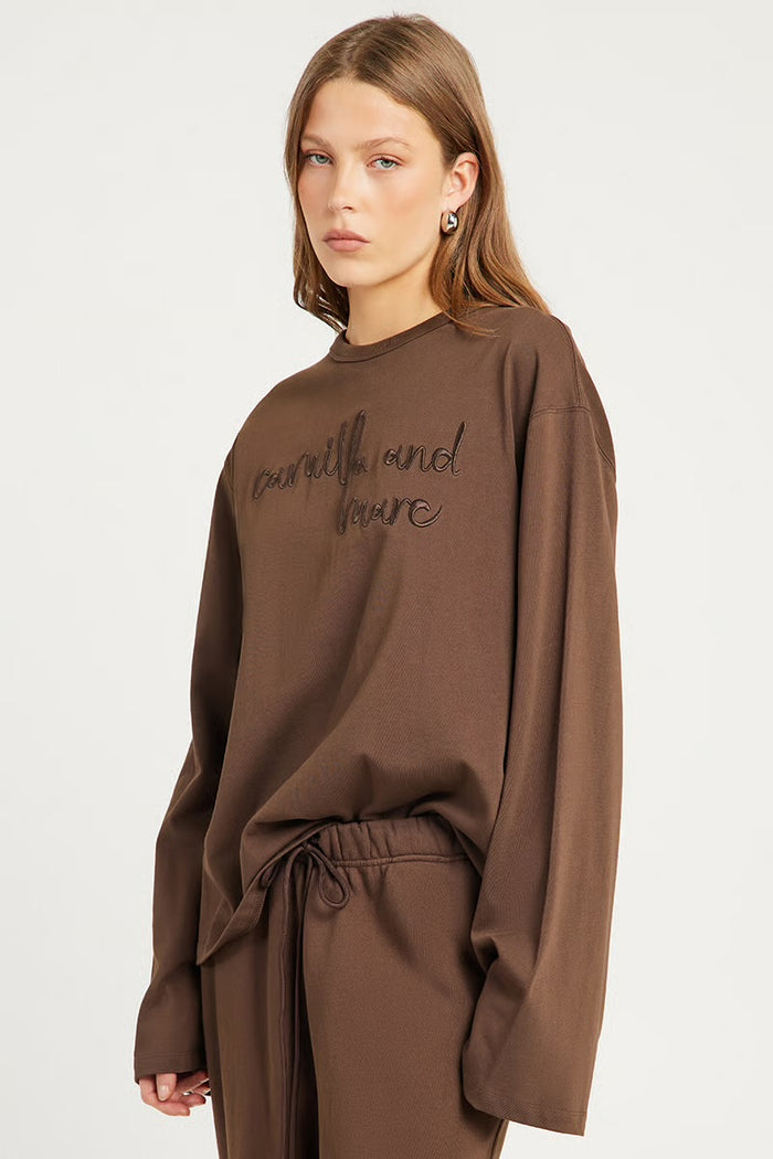 Camilla and Marc Maren Emb Long Sleeve Tee - Chocolate Clothing > Tops > T-Shirts > Long Sleeve T-Shirts > Embroidered T-Shirts > Camilla and Marc Hyde Boutique