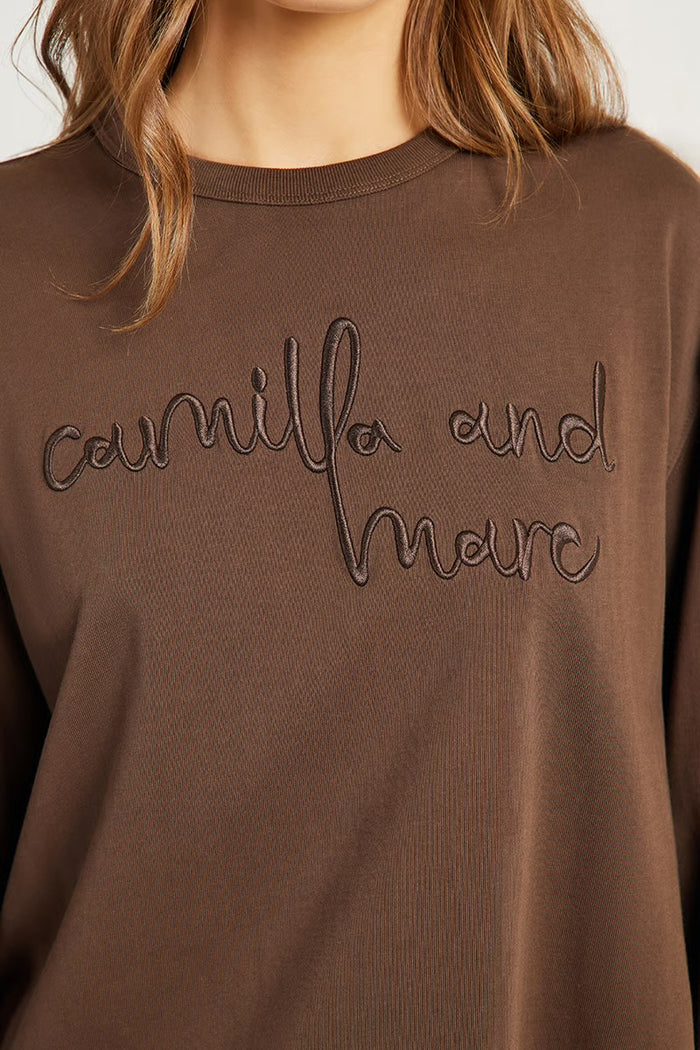 Camilla and Marc Maren Emb Long Sleeve Tee - Chocolate Clothing > Tops > T-Shirts > Long Sleeve T-Shirts > Embroidered T-Shirts > Camilla and Marc Hyde Boutique