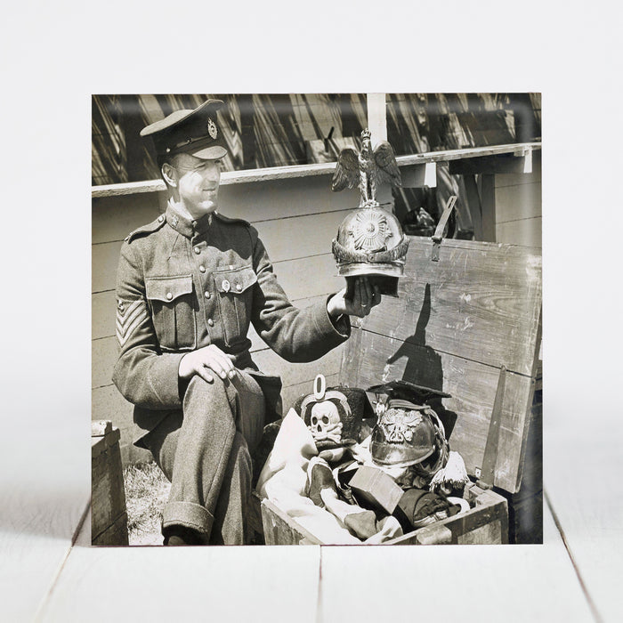 Canadian Army Sgt. shows off Kaiser's Guard's Helmet as Spoils of War c.1918