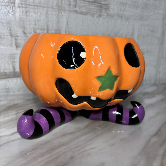 Ceramic Jack O Lantern Candy Bowl with Witch Feet