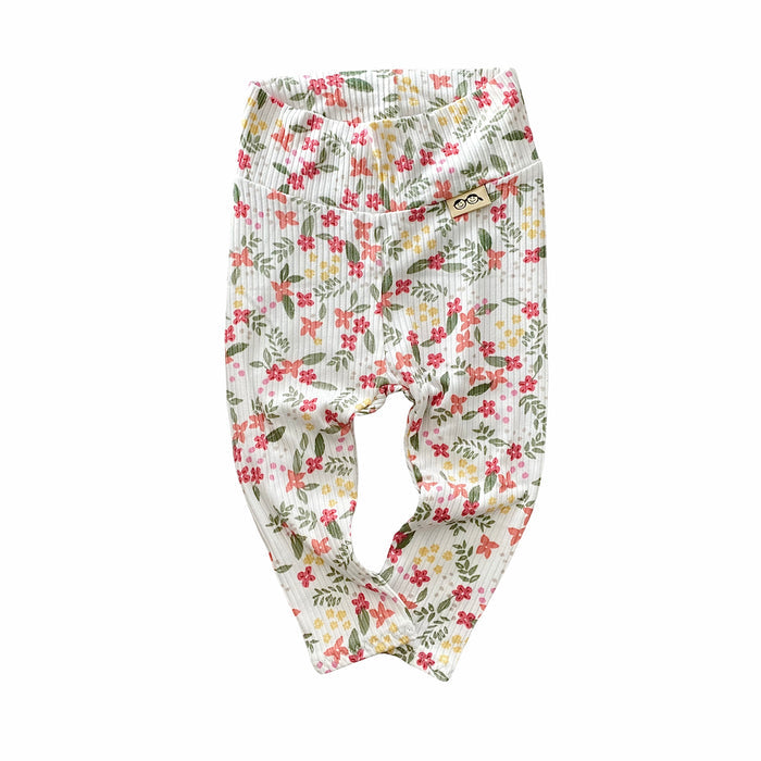 Colorful Dainty Flowers on White Ribbed Leggings